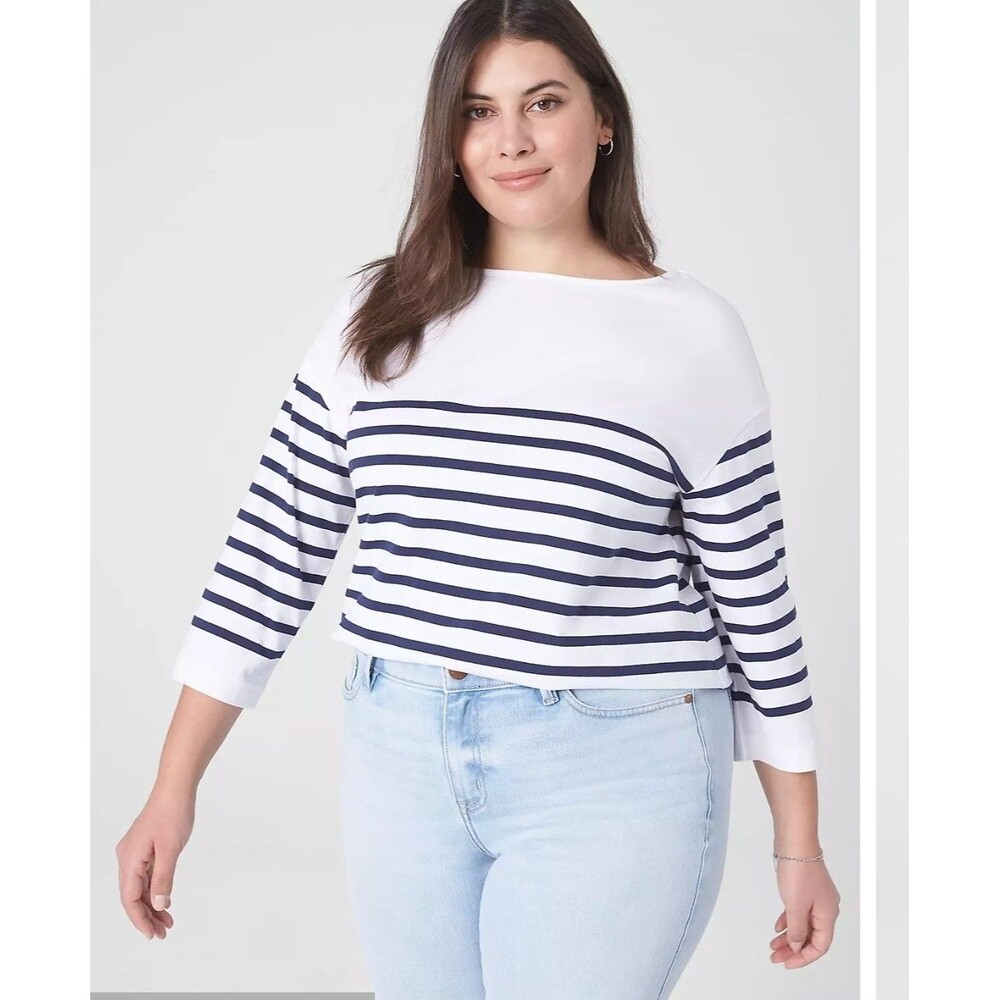 Lane Bryant Boatneck Sailor Tee Shirt Women 14 16 White Blue Stripe Casual